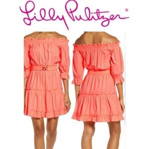 Lilly Pulitzer Coral Louisa Dress Papaya Punch Metallic Stripe Cotton Cl…